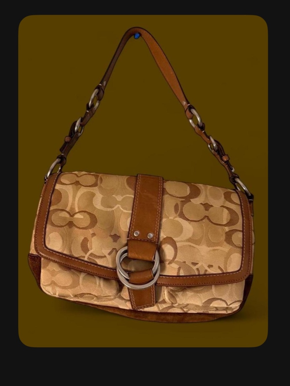 Coach Tan Signature Canvas Shoulder Bag with Brown Trim